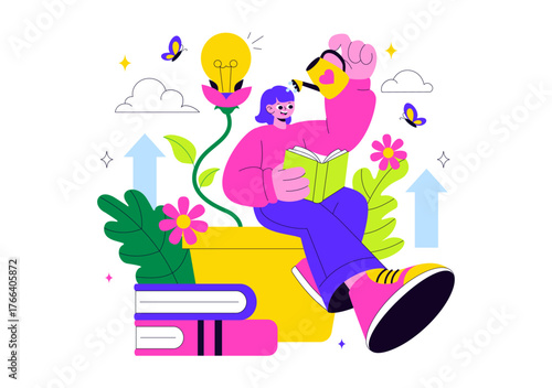 Personal Growth Vector Illustration Featuring Development Through Positive Habits, Lifelong Learning, Adaptability and Perseverance for Career Success