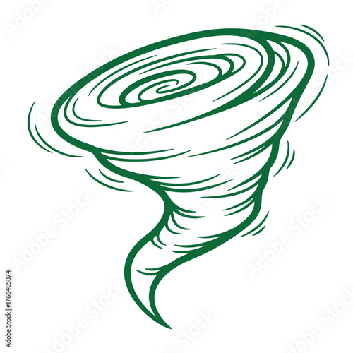Stylized green tornado doodle on white background depicting severe weather concept