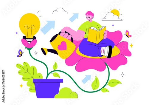Personal Growth Vector Illustration Featuring Development Through Positive Habits, Lifelong Learning, Adaptability and Perseverance for Career Success