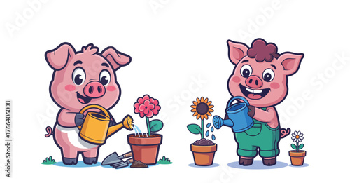 Adorable cartoon pigs happily watering flowers, bringing life and joy to a vibrant garden scene