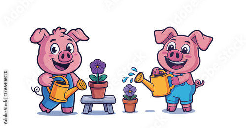 Joyful pigs tending to vibrant purple flowers with watering cans, bringing life and color to a charming garden scene.