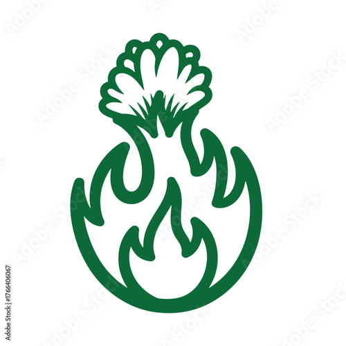 Unique green doodle illustration of a fire flame symbol with a unique floral element