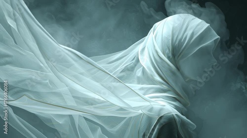 A woman wearing a white scarf is shown in a blurry. The scarf is white and flowing behind her. Digital painting of elegant ghost woman surrounded by gentle wind and silk textures, cinematic calm