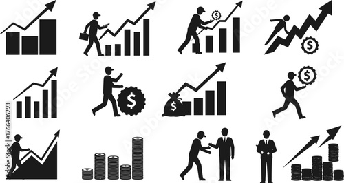 Business icons, financial growth, bar charts, dollar signs, teamwork, gear icons, investment concept, economic progress, silhouette illustration, corporate strategy