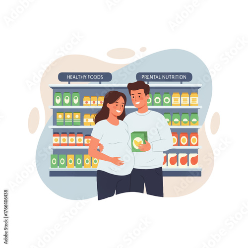 Pregnant woman and man shopping for prenatal nutrition at the store.