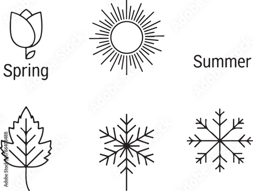 Vector art of icons representing the four seasons spring flower, sun, autumn leaf, and snowflake, icon on