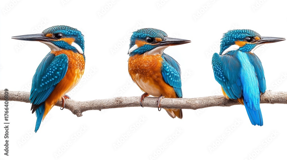 Fototapeta premium Three kingfishers perched on a branch with vibrant blue and orange plumage against a white background