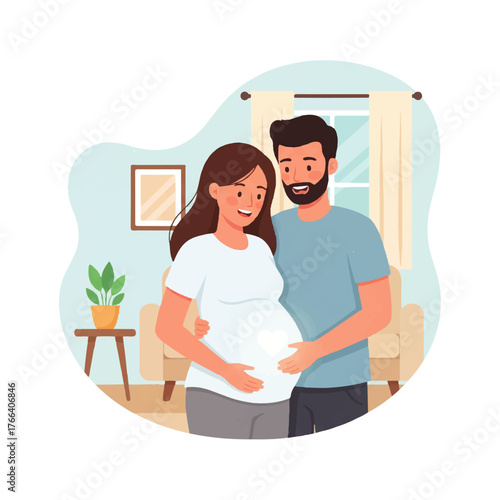 Happy pregnant woman and man expecting baby in living room.