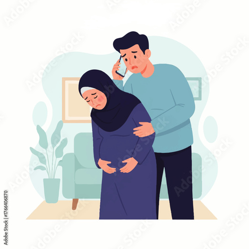 Worried man calling for help for pregnant woman in labor.