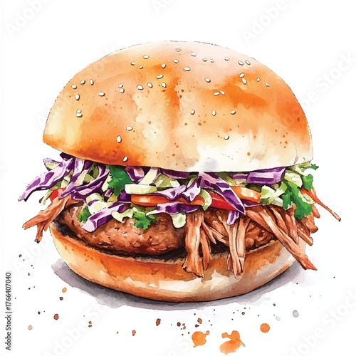 Delicious Pulled Pork Burger with Fresh Coleslaw and Sesame Seed Bun.