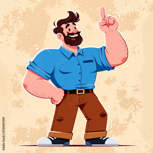 Cheerful bearded man in blue shirt pointing up, cartoon style, isolated
