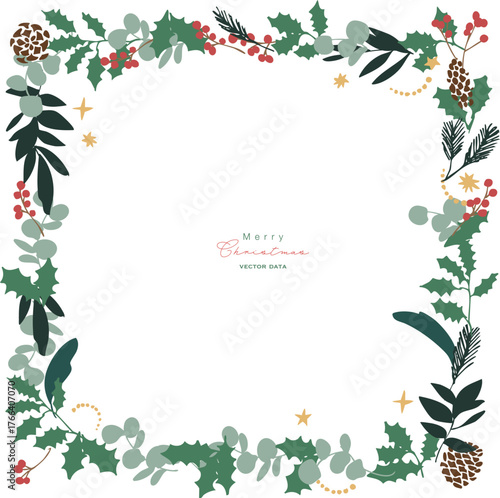 12月のクリスマスフレーム。松ぼっくりとヒイラギのクリスマス背景。冬のクリスマスリースイラスト。
December Christmas frame. Christmas background with pine cones and holly. Winter Christmas wreath illustration.