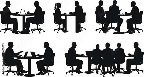 Business meeting silhouettes of people working together at office desk, teamwork, corporate discussion, brainstorming and collaboration concept illustration.
