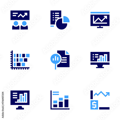 Statistics icon set. Bold style. Duotone colors. bar chart, report, pie chart, profit, statistics, presentation, computer, training