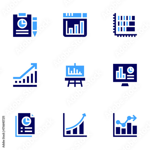 Statistics icon set. Bold style. Duotone colors. statistics, chart, bar chart, analytics, growth, report