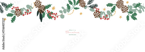 12月のクリスマスフレーム。松ぼっくりとヒイラギのクリスマス背景。冬のクリスマスリースイラスト。
December Christmas frame. Christmas background with pine cones and holly. Winter Christmas wreath illustration.