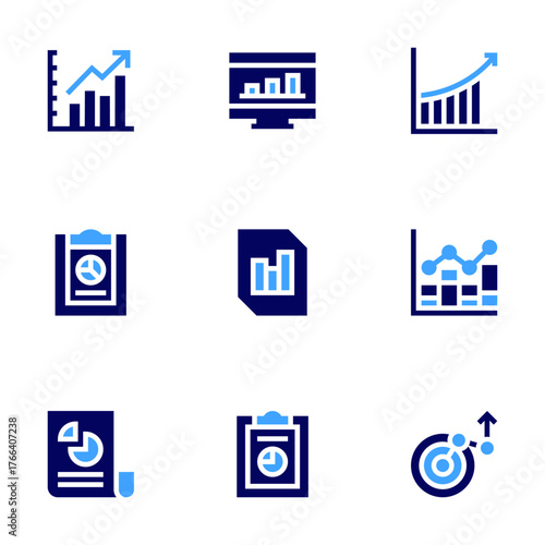 Statistics icon set. Bold style. Duotone colors. statistics, research, line graph, bar chart, growing, graph, computer, report, pie chart