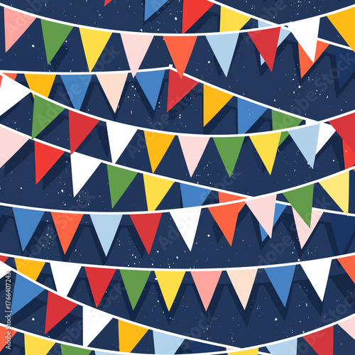 Colorful bunting flags in flat style against dark background, festive decoration