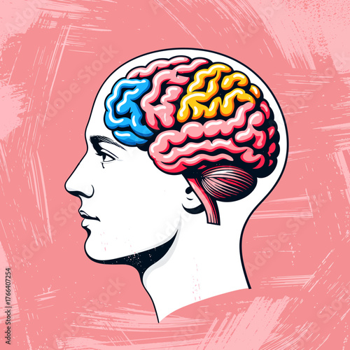 Colorful brain illustration in human head profile, pop art style, isolated on pink