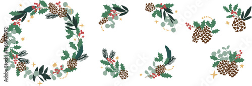 12月のクリスマスフレーム。松ぼっくりとヒイラギのクリスマス背景。冬のクリスマスリースイラスト。
December Christmas frame. Christmas background with pine cones and holly. Winter Christmas wreath illustration.