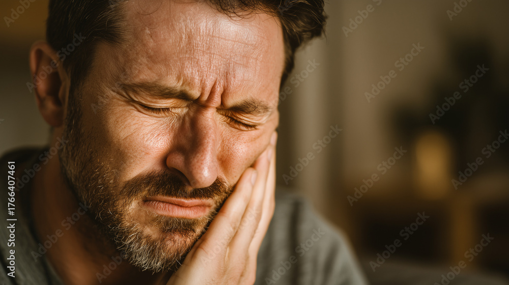 Fototapeta premium A man is sitting indoors, grimacing in pain and holding his cheek, clearly suffering from a severe toothache. His eyes are closed tightly, and his expression shows discomfort and distress.