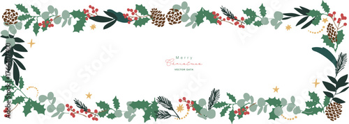 12月のクリスマスフレーム。松ぼっくりとヒイラギのクリスマス背景。冬のクリスマスリースイラスト。
December Christmas frame. Christmas background with pine cones and holly. Winter Christmas wreath illustration.