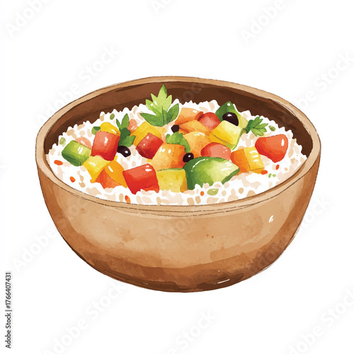 Delicious rice salad bowl with colorful vegetables and herbs.