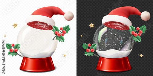 Christmas and New Year transparent snow globe with snow, isolated.	