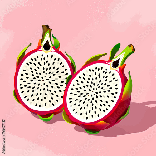 Colorful dragon fruit halves with white flesh and black seeds, flat vector style isolated on pink