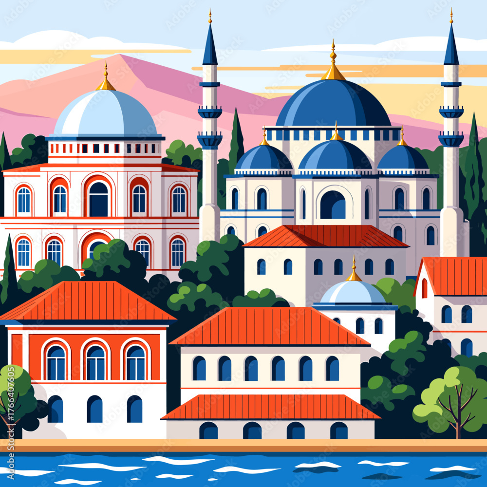 Fototapeta premium Colorful flat illustration of a mosque cityscape with domes minarets and waterfront