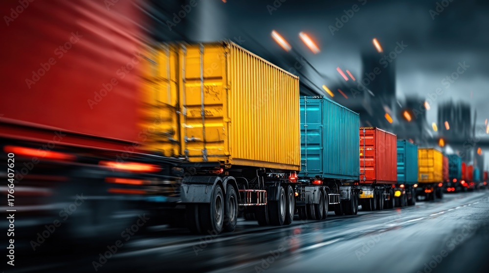 Obraz premium A vibrant row of colorful shipping containers lined up on trucks, set against a moody, blurred urban backdrop, conveying motion and transport.