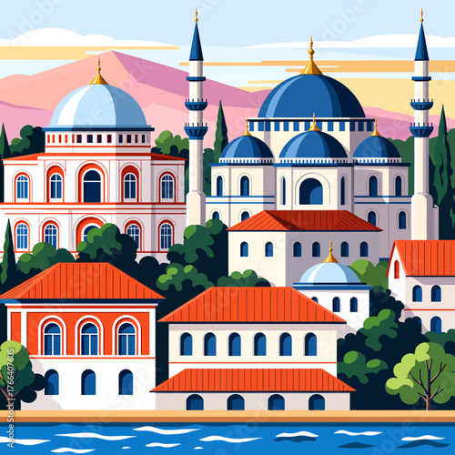 Colorful flat illustration of a mosque cityscape with domes minarets and waterfront