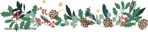 12月のクリスマスフレーム。松ぼっくりとヒイラギのクリスマス背景。冬のクリスマスリースイラスト。
December Christmas frame. Christmas background with pine cones and holly. Winter Christmas wreath illustration.