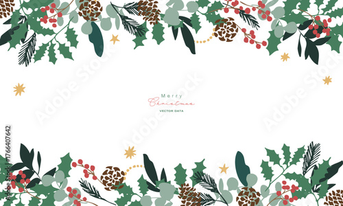 12月のクリスマスフレーム。松ぼっくりとヒイラギのクリスマス背景。冬のクリスマスリースイラスト。
December Christmas frame. Christmas background with pine cones and holly. Winter Christmas wreath illustration.