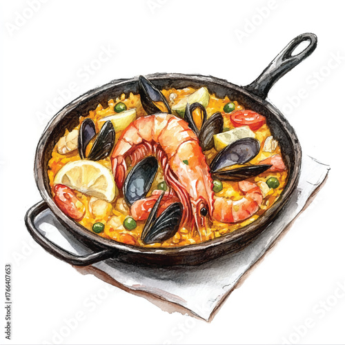 Delicious Seafood Paella in a Pan with Shrimp and Mussels.