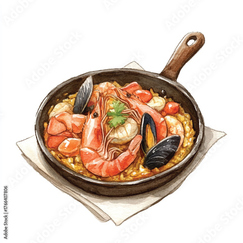 Delicious seafood paella in a cast iron pan.