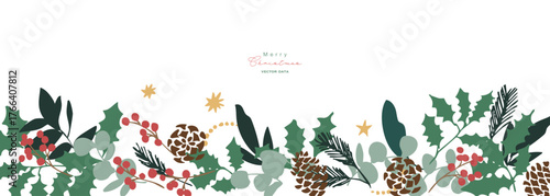 12月のクリスマスフレーム。松ぼっくりとヒイラギのクリスマス背景。冬のクリスマスリースイラスト。
December Christmas frame. Christmas background with pine cones and holly. Winter Christmas wreath illustration.