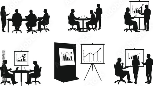 Business meeting silhouettes, office presentation scenes, data analysis, teamwork, strategy planning, corporate discussion, professional collaboration, chart review, leadership concept