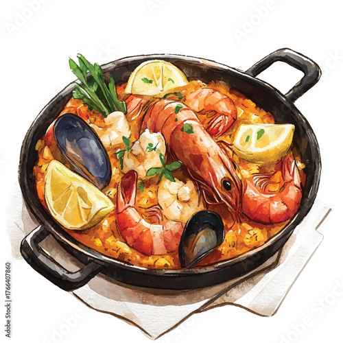 Delicious Seafood Paella with Shrimp Mussels and Lemon Wedges.