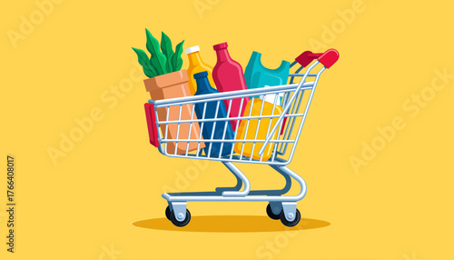 Colorful shopping cart filled with bottles and potted plant, flat style isolated