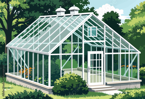 Colorful vector greenhouse with glass panels and white frame in garden setting