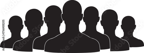 Black Silhouette of a Group of Seven People Standing Shoulder to Shoulder vector illustration on transparent background