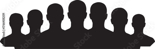Black silhouette of a group of seven people's heads and shoulders Keywords: silhouette, group, people, heads, shoulders, black, outline, figures, crowd, unity, diversity, on transparent background