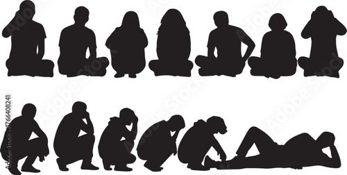 Collection of Black Silhouettes of People in Various Seated and Crouching Poses figures human on transparent background
