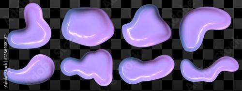 Glossy liquid blob with chrome Y2K tone. Metallic 3D shape in purple hues creates a smooth chrome blob and abstract design.