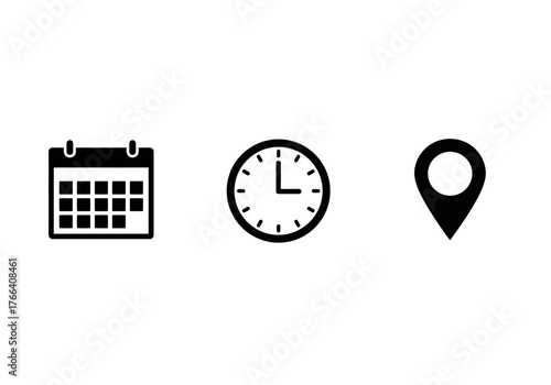 Essential user interface graphic set with calendar, time, and place symbols. Vector illustration for web and mobile design