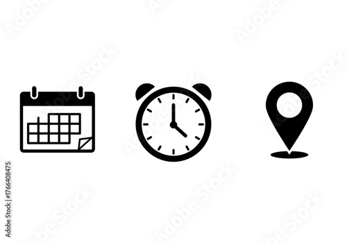 A set of essential black glyph icons for event planning and scheduling, featuring a calendar for date, a clock for time, and a pin for location