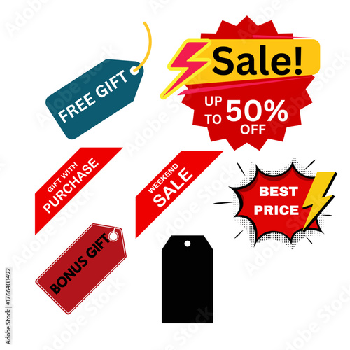 Colorful sale and discount tag collection featuring labels such as “Sale up to 50% off,” “Best Price,” “Free Gift,” “Gift Pack,” and “Bonus Gift.Ideal for advertising, promotions, and marketing desi