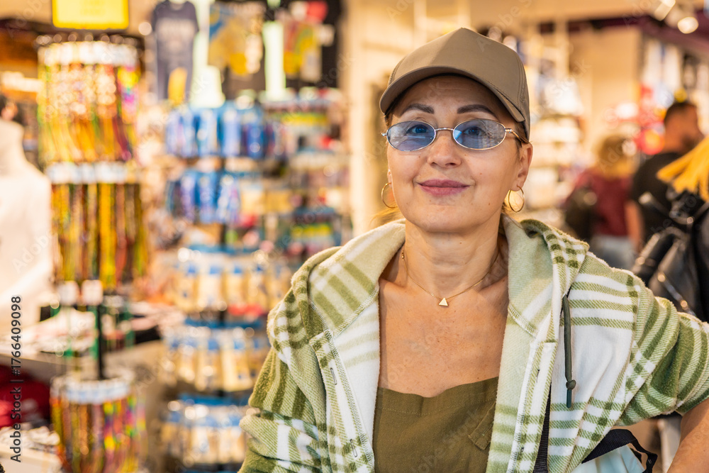 Fototapeta premium Middle-aged Caucasian woman with glasses and a cap stands in a souvenir shop. Colorful merchandise and displays are visible in the background.