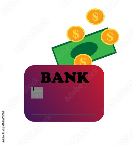 a bank card and money on a white background,